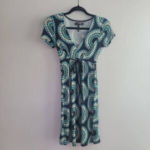 Vintage y2k geometric teal babydoll dress v neck artsy maximalist‎ quirky